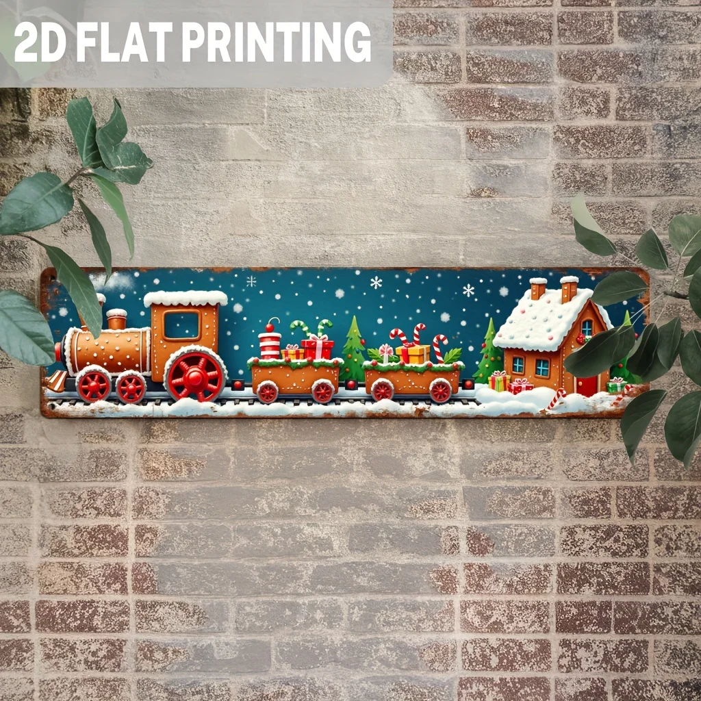 2D Flat, 1pc, Rustic Christmas Gingerbread Train Metal Sign, Winter Wonderland Wall Decor for Christmas Decorations, Farmhouse