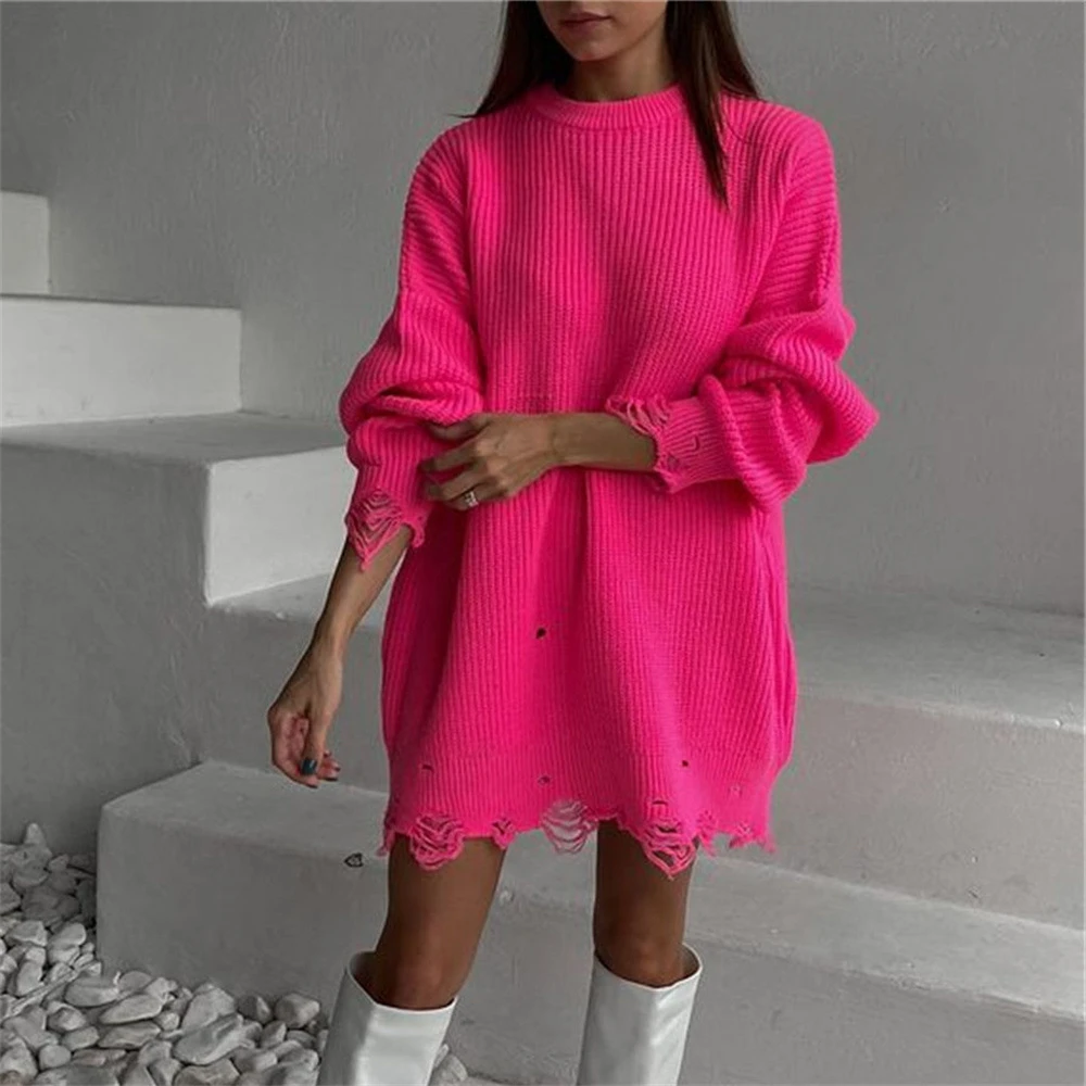 Women Ripped Hole Knit Dress Autumn Winter Long Sleeve Mini Sweater Dresses Casual Loose Oversize Knitted Short Dresses