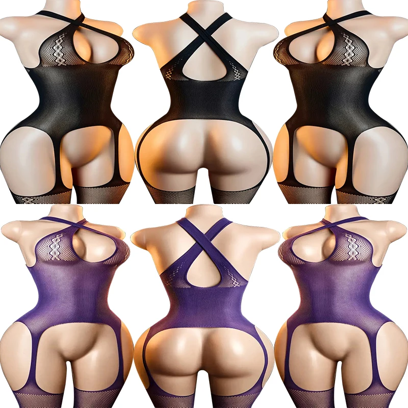 Sexy Crotchless Lingerie Sets Women Mesh Hollow Bodystockings Shoulder Straps Crossed Hanging Neck Push Up Bras Underwear Suits