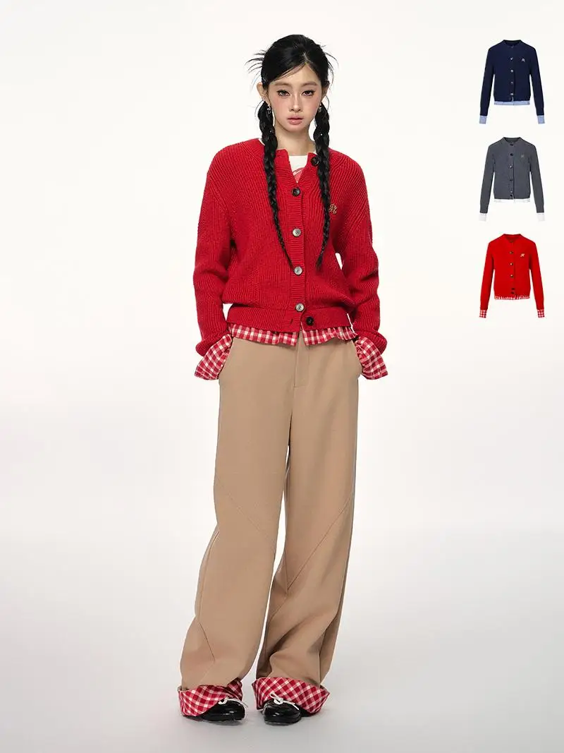 

PUNCH New Tri-Color Knitted Open Cardigan Versatile Design Sense Splicing Annual Zodiac Sweater Sweet Sle Long Sve Polye...