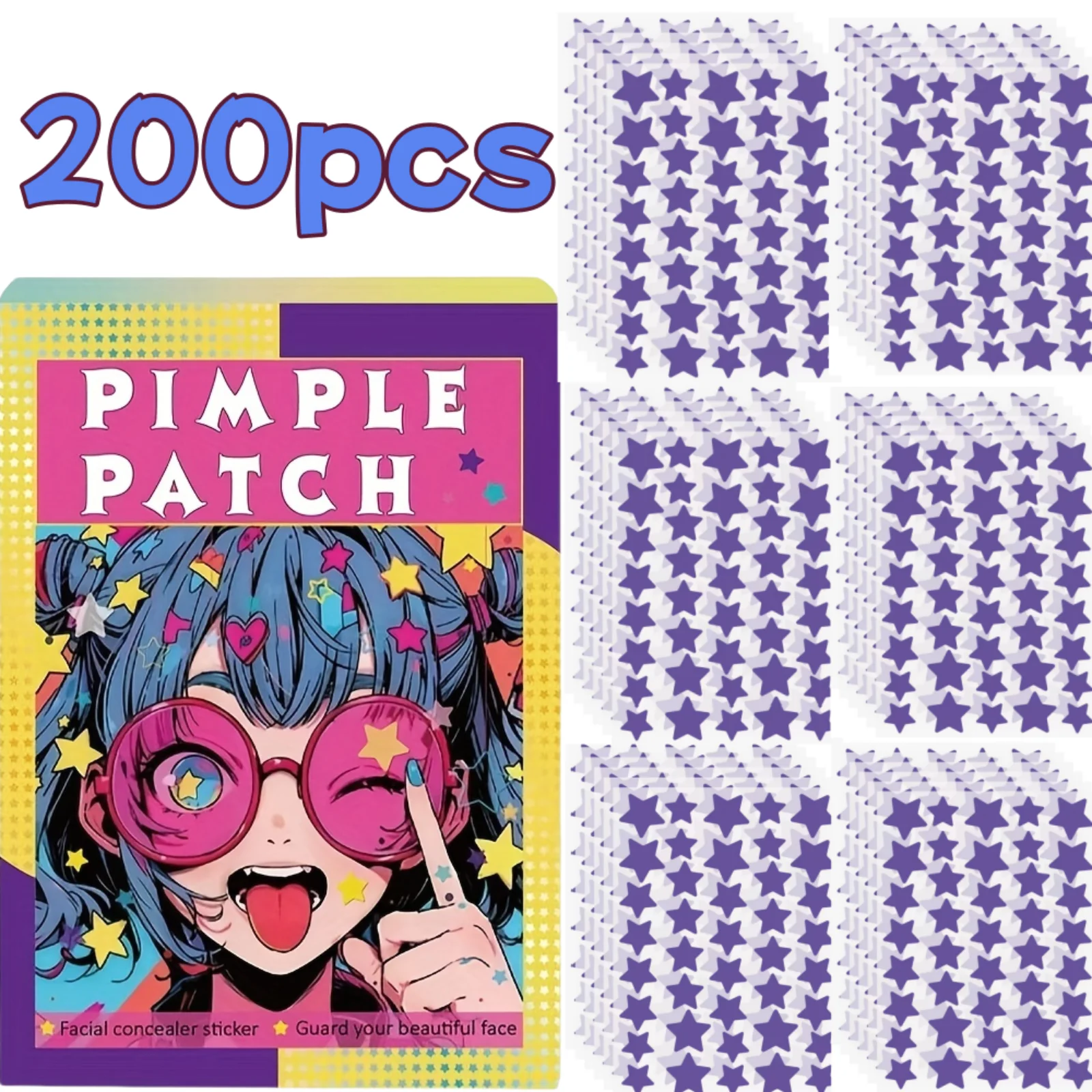200 قطعة من رقع حب الشباب على شكل نجمة - لطيفة ومقاومة للماء وقابلة للتنفس. تصميم نجمة ملونة لجميع أنواع البشرة. سرية وفعالة
