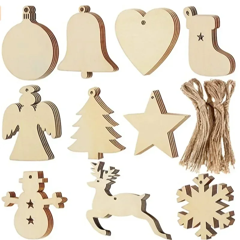 10PCS Creative Wooden Christmas Tree Pendant Home Decoration Christmas Gift Pendant Hanging Ornament Carved Wood Chips New Year