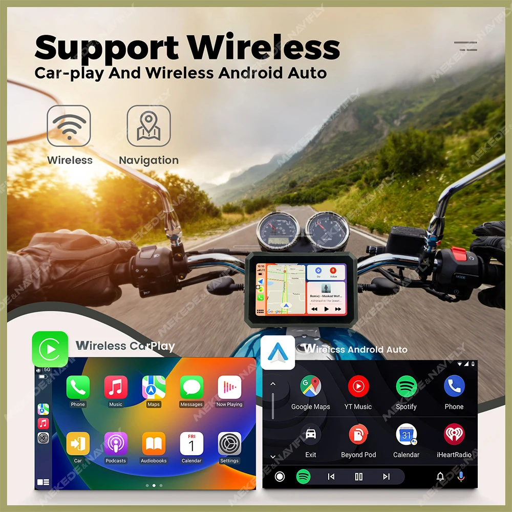 MEKEDE เครื่องนำทาง GPS แบบพกพา ขนาด 7 นิ้ว สำหรับมอเตอร์ไซค์ รองรับ CarPlay แบบไร้สาย Android Auto เชื่อมต่อ Bluetooth คู่ กันน้ำระดับ IPX7 พร้อมหน้าจอ LCD