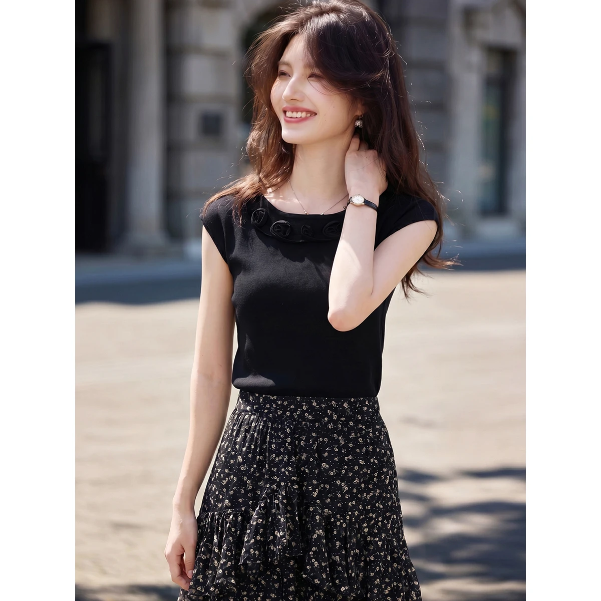 VIMLY Women's Rose Design Black Knitted T-shirt 2026 Summer New Off Shoulder Sleeveless Slim Fit Short Sleeve Top 75379