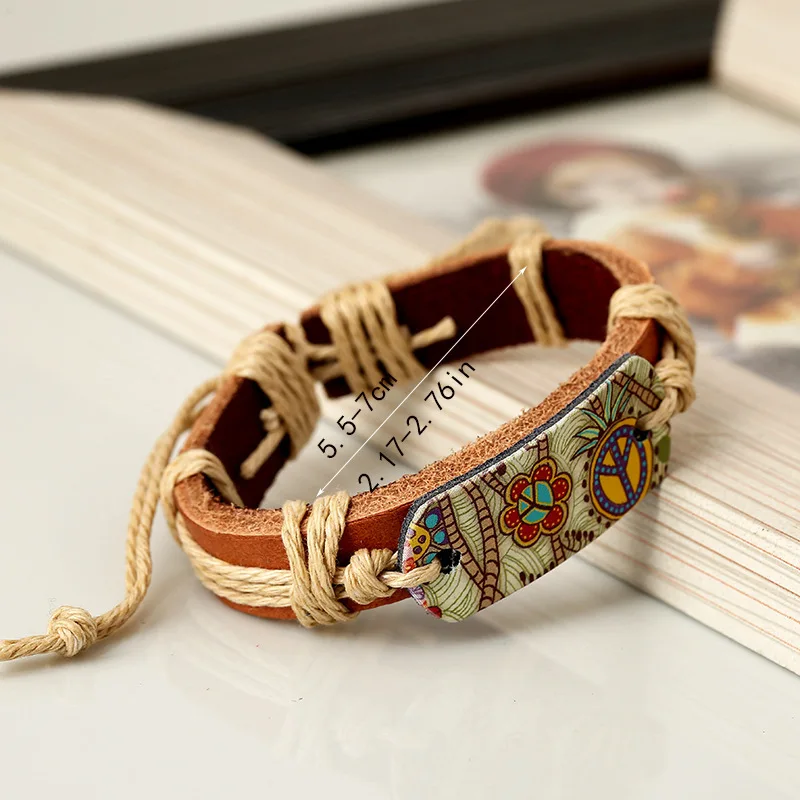 Pulsera de cuero con estampado de flores para mujer, brazalete ajustable, estilo Hippie, Retro, hecho a mano, 2024