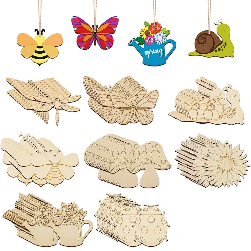 

16Pcs Wood Cutting Craft Kit DIY Flower Insect Shapes Unpainted Wooden Slices for Painting Room Decoration