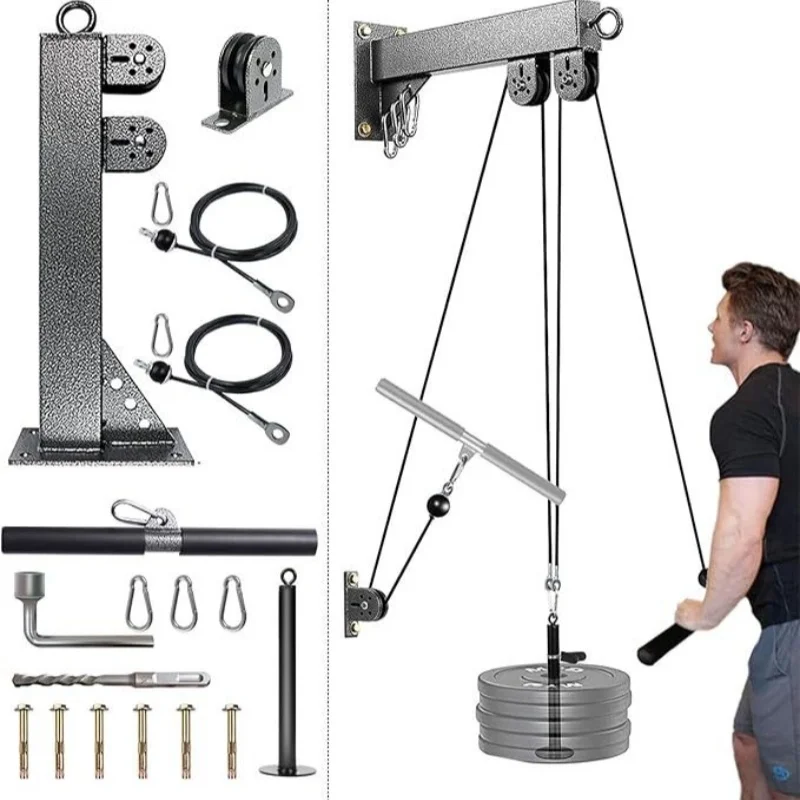 Wall Mounted Fitness Pulley System Adjustable Cable Machine for LAT Pull Down & Back Strength Training Home Gym
