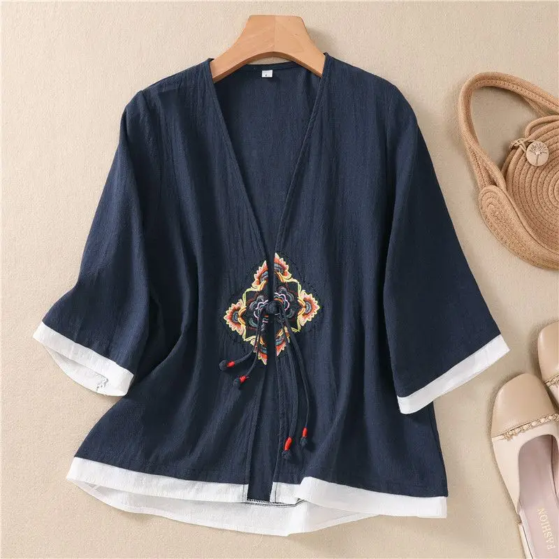 2024 Summer New Chinese Style Blouses Women's Solid Color Embroidered Button Cardigan Loose V-neck 3/4 Sleeve Retro Folk Shirts