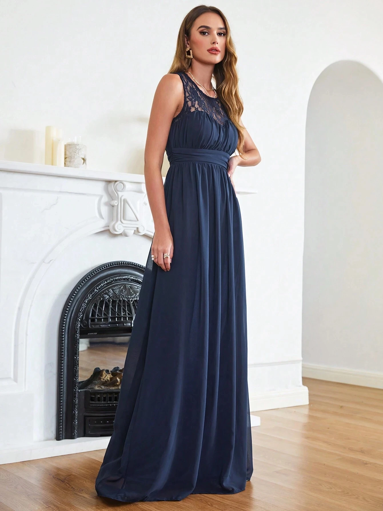 BABYONLINE D.R.E.S.S. Bridesmaid Dress Contrast Lace Ruched Waist Chiffon Illusion Neck Chiffon And Lace Dresses Cabernet