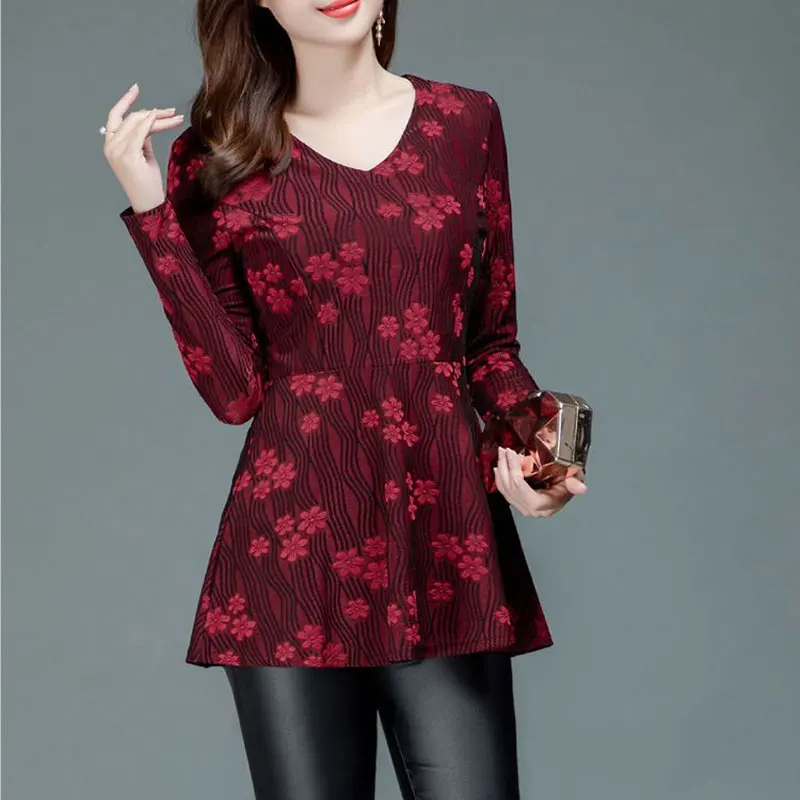 Stylish Elegant V-Neck Blouse Casual Slim Waist Female Clothing Vintage Floral Printed Spring Autumn Commute Long Sleeve Shirt