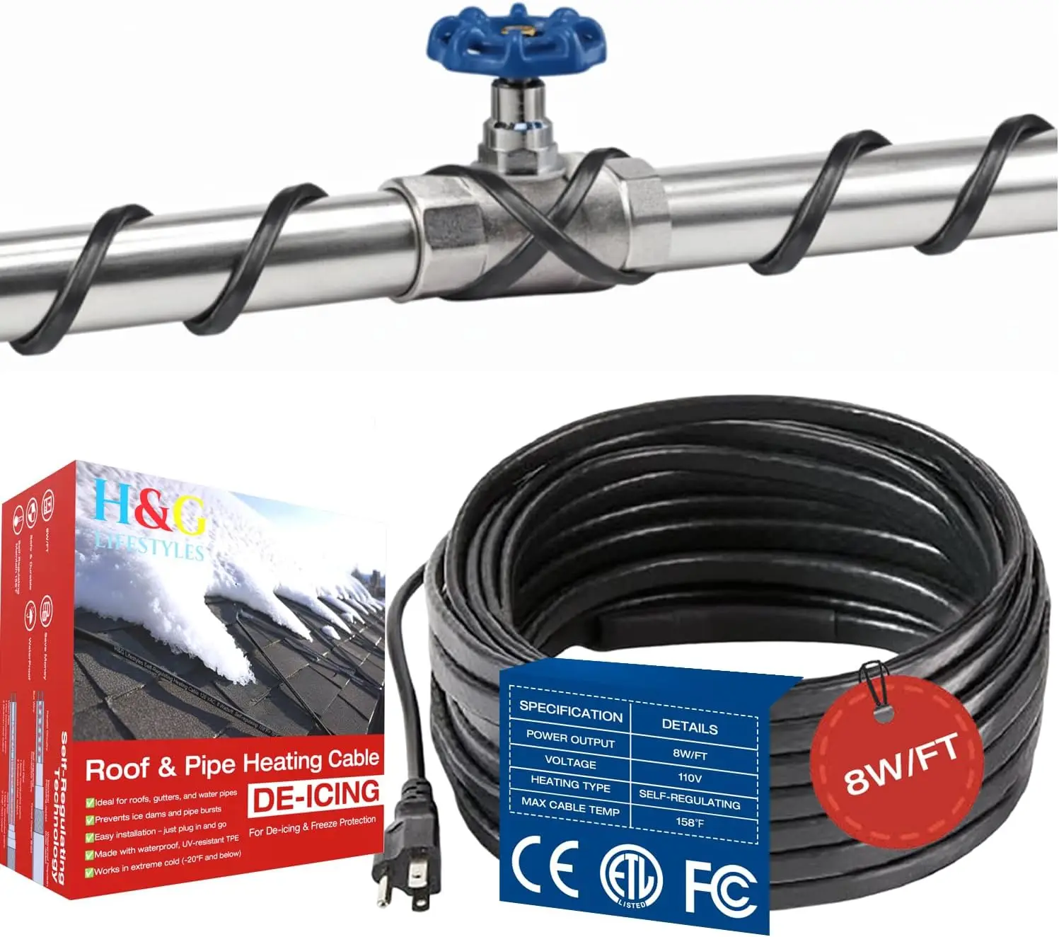 

8W/FT Heat Tape for Water Pipes, Self-Regulating Heat Cable for Pipe Freeze Protection,Snow De-icing Heating Tape for Wi