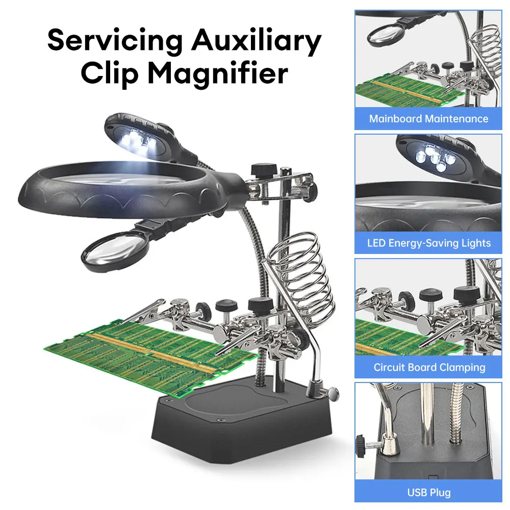 Led Lighted Magnifying Glass Electronic Inspection Repair Auxiliary Clip Magnifier Hand Soldering Solder Iron Stand Holder