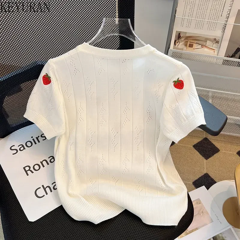 2024 New Summer Strawberry Embroidery Hollow Out Sweater Women Knitted T-Shirt White Short Sleeve Thin Knitwear Tops Tees Female