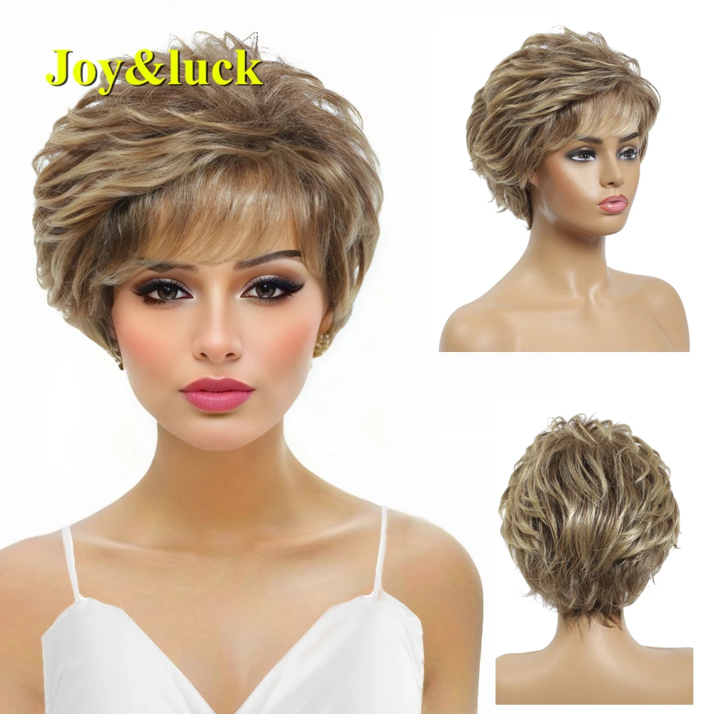 Joy&luck Short Wig Brown Mix Blonde Color Curly Synthetic Wigs For Women Full Wigs With Bangs Hiar Wigs