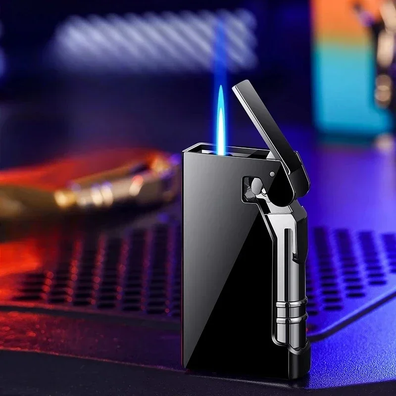 New Metal One Click Ignition Lighter Windproof Blue Flame Jet Turbine Torch Portable Butane Inflatable Lighter Smoking Gift