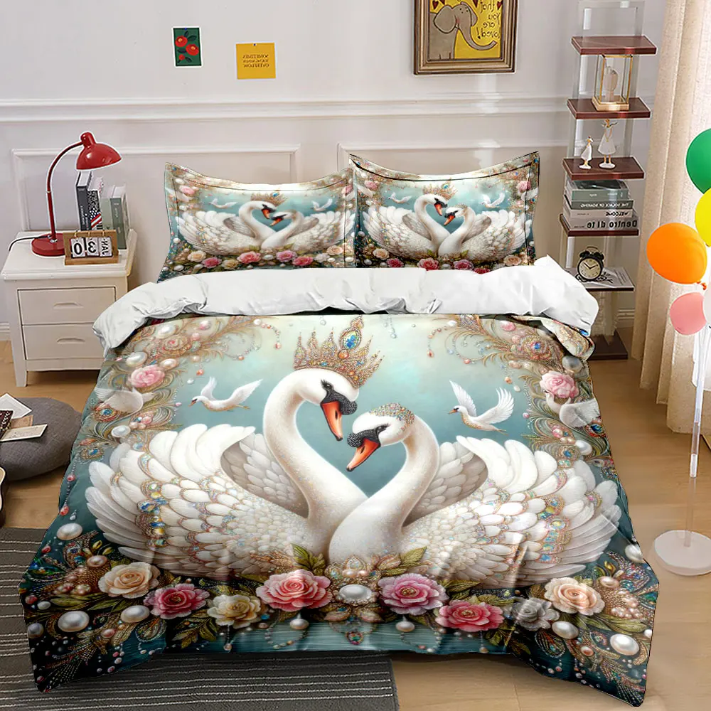 Diamond Bedding Set,A couple elegant crowned swans Duvet Cover Set,Bed Decor,Valentine's Day gift(1 Duvet Cover+2 Pillowcases)