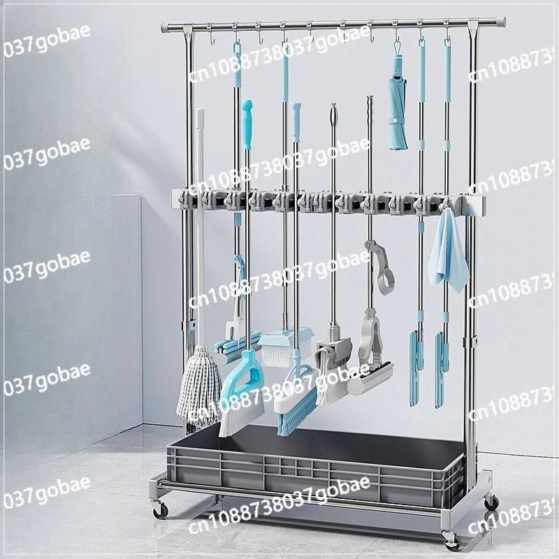 

Stainless steel floor-to-ceiling mobile mop rack, double high and low rod cleaning tool storage rack