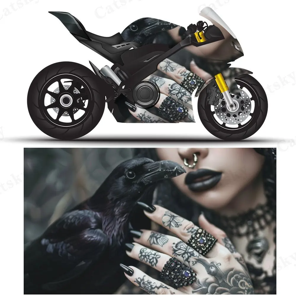 Gothic Hand and Raven Motorcycle Film Stickers, Durable PVC Adhesive Decals for Motorcycle Customization, Weather-Resistant Prot