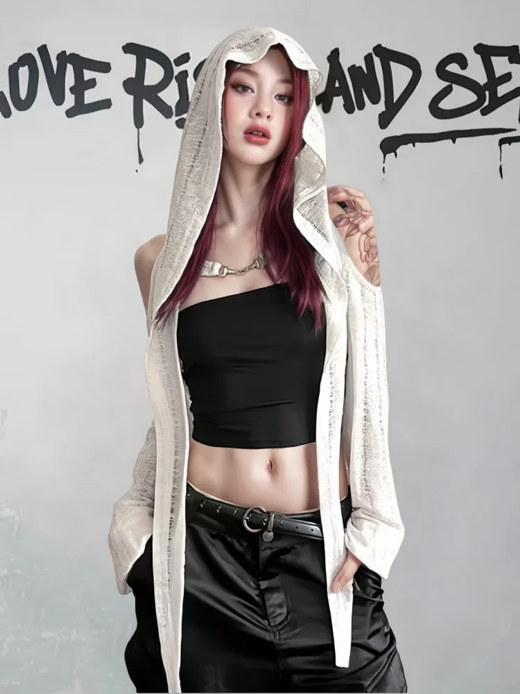 T-shirt à manches longues et épaules dénudées pour femmes, Streetwear d'été, hauts courts, Punk Grunge, ajouré, à capuche, vêtements d'extérieur