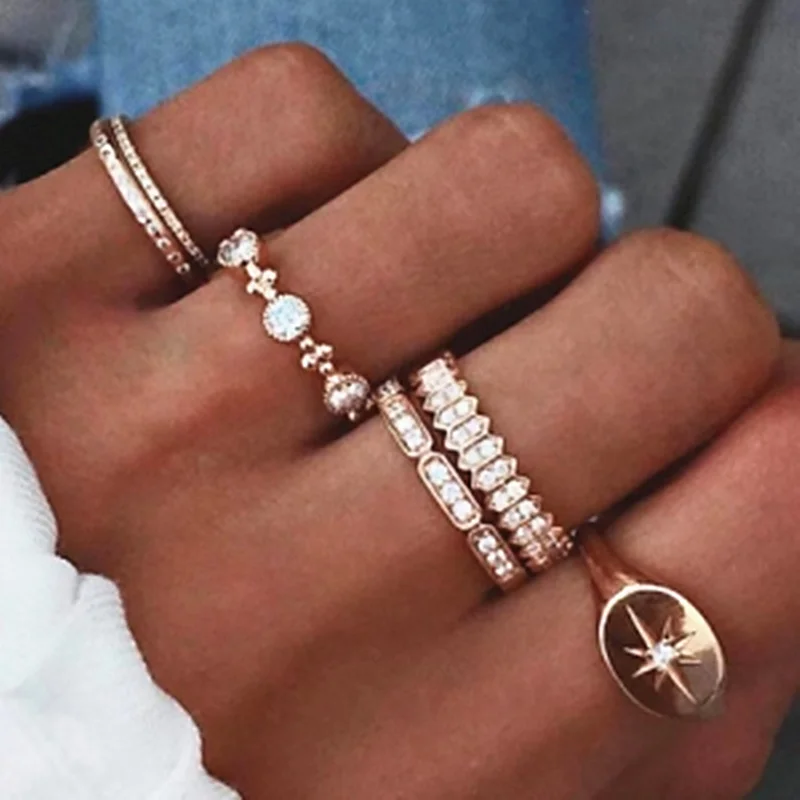Fashion 6 Pcs/Set Women Finger Ring Sets 2026 Sweet Crystal Star Compass Bohemia Charm Ring Sets For Women Party Jewelry Gift