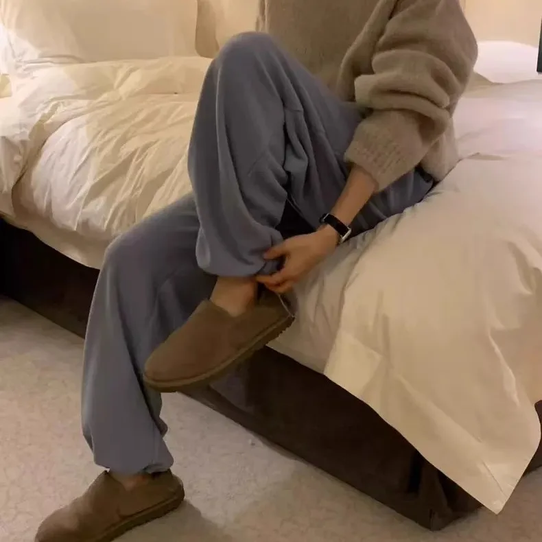 Once taille élastique Simple contrainte pied velours côtelé pantalons de survêtement chaud pantalons décontractés taille haute jambe droite pantalons longs hiver 2025