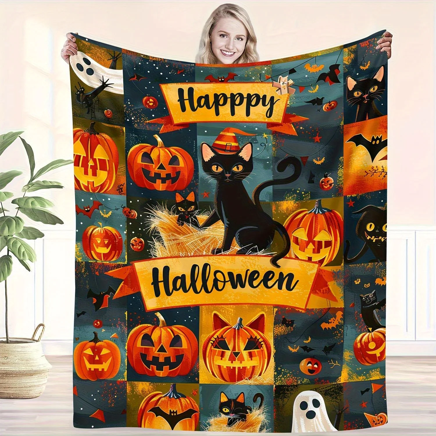 Happy Halloween Throw Blanket - Spooky Black Cats, Pumpkins, Bats, Ghosts - Soft Cozy Decor for Couch, Bed, Party