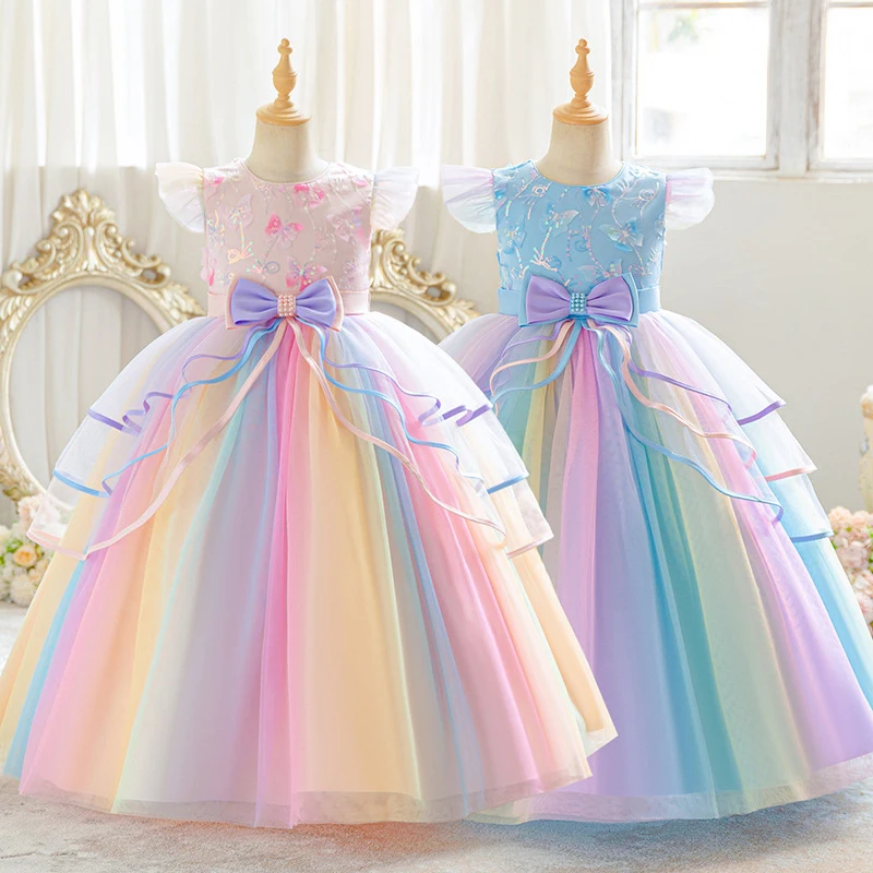 New girls' dress with ribbon bows and rainbow princess design