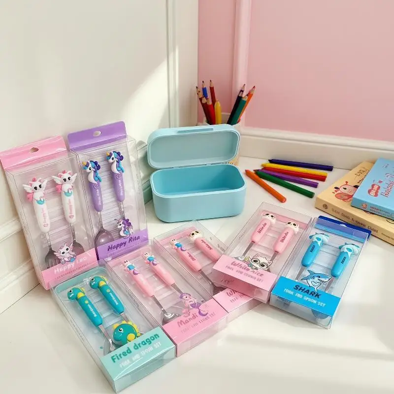 New 2Pcs Stainless Steel Toddler Fork And Spoon Set Cartoon Non Slip Grip Perfect For Kids Daily Mealtime Preschool Home Use