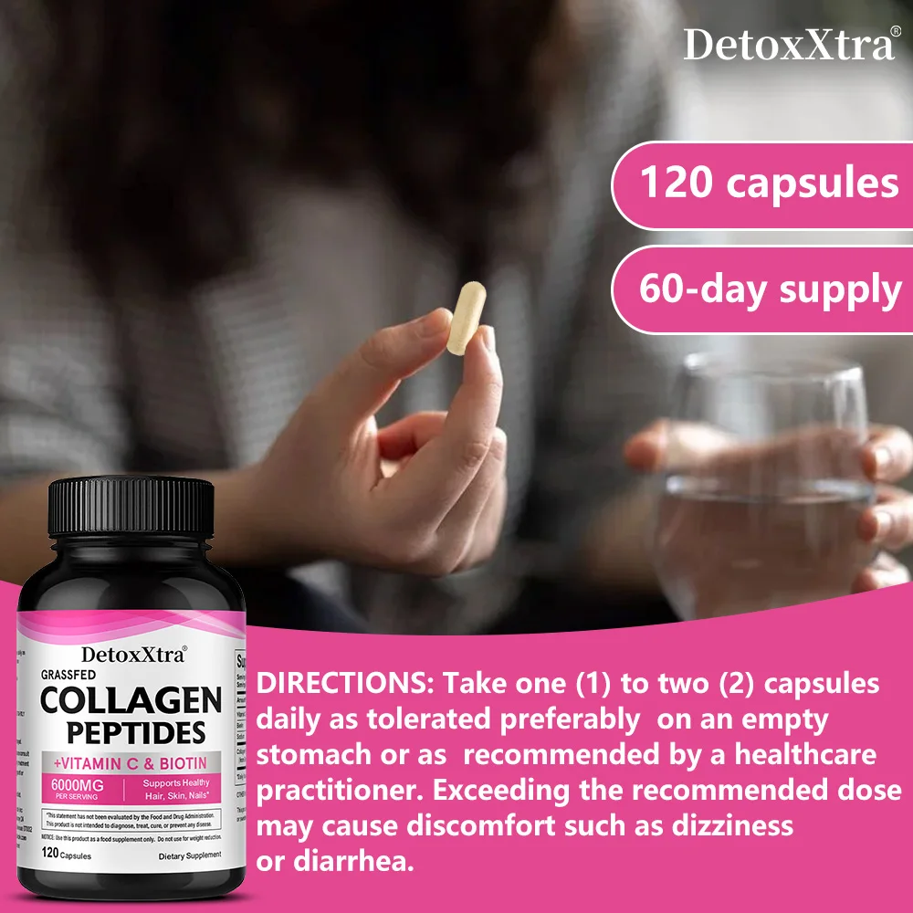 Collagen Peptides + Vitamin C & Biotin - Hair, Nails & Skin Health, Anti-Aging, Joint and Bone Health, 120 Capsules