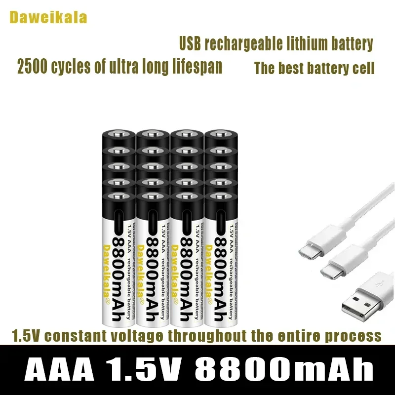 High capacity 1.5V AAA 8800 mWh USB rechargeable li-ion battery for remote control mouse small fan Electric toy battery + Cable