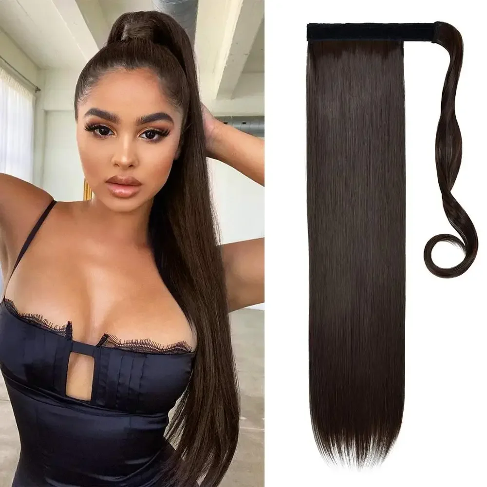 

22inch Long straight Horse tail Real Natural Ponytail Clip in Pony tail Hair Extensions Wrap Around on Synthetic Hair Piece