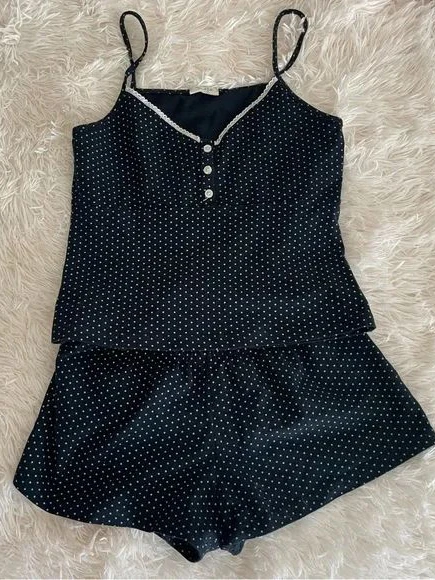

New Dot Navy Cotton Vest Shorts 2 Pieces Set Woman Three Buttons Lace Trim Tank Top Elastic Waist Straight Short Pant Sweet Sets