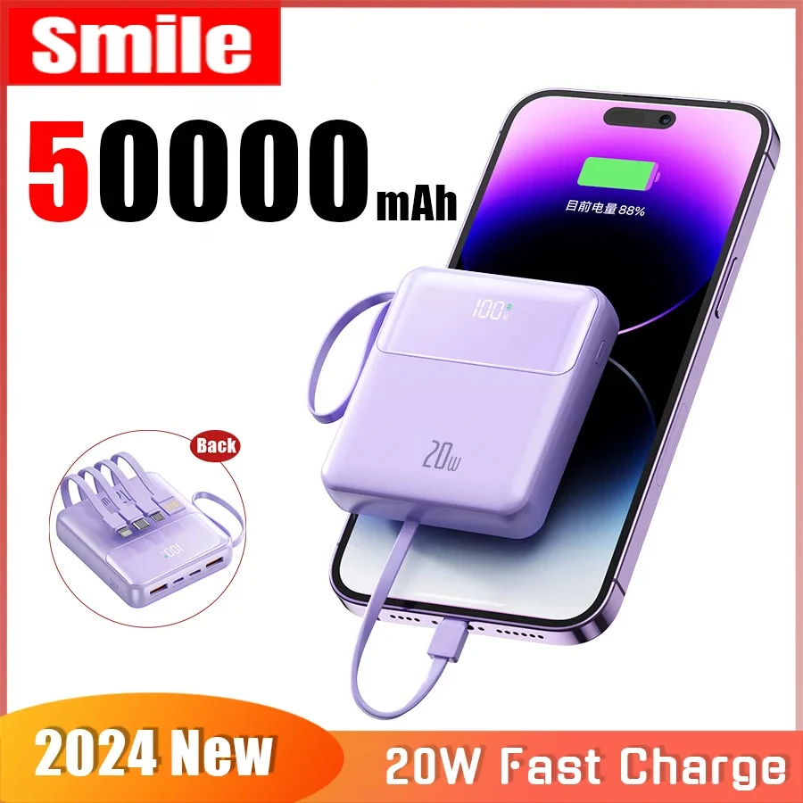 New 20000mah Mini Power Bank Cable LED Digital Screen Display Suitable for Samsung Huawei Fast Charging Power Bank