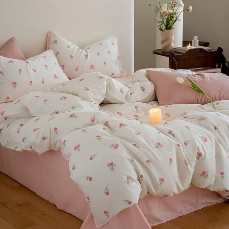 Floral Duvet Cover Set Queen Size White Pink Tulip Pattern Bedding Duvet Cover with Zipper Closure Breathable Microfiber