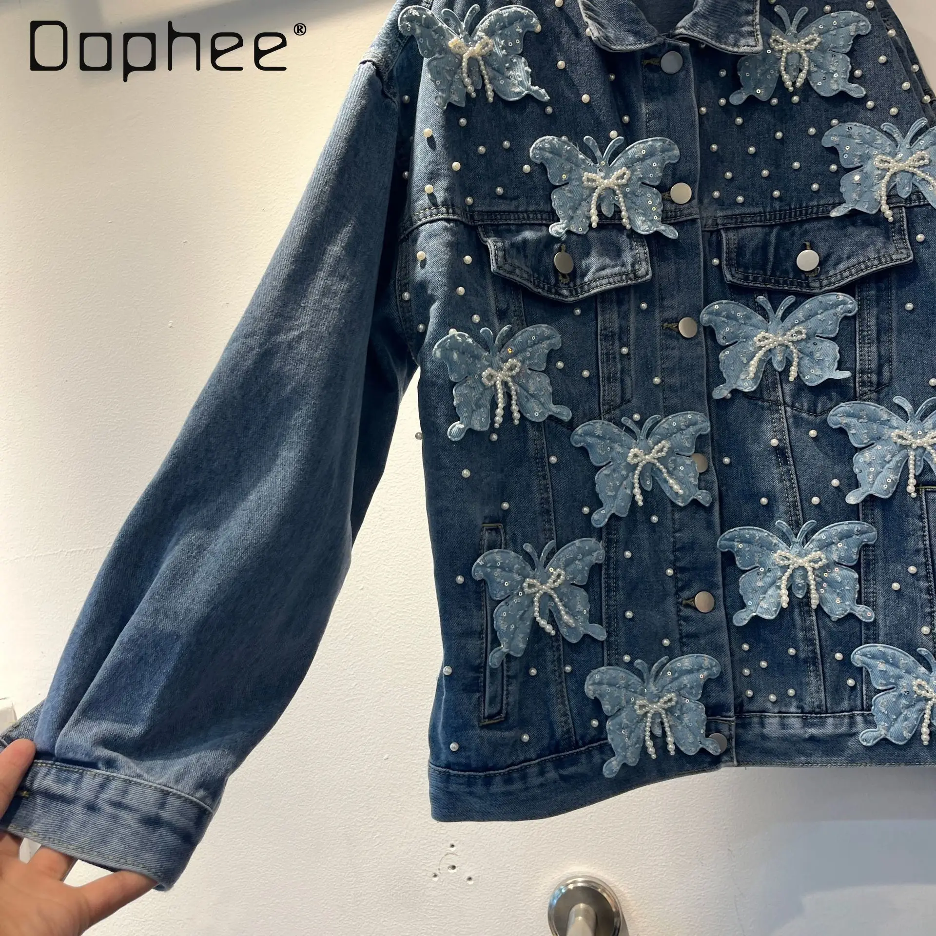 European Heavy Industry Pearl Beaded Three-Dimensional Butterfly Loose Slim Denim Coat High-End Fashion Casual Jackets for Women