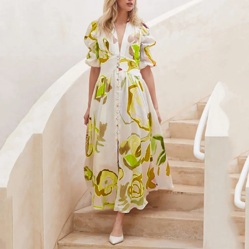 

Women's Summer Printed Beach Dress, Party Dresses, Long Sleeve, Slim, Double-Breasted, Four-Sided, Elastic, Long Evening Dress