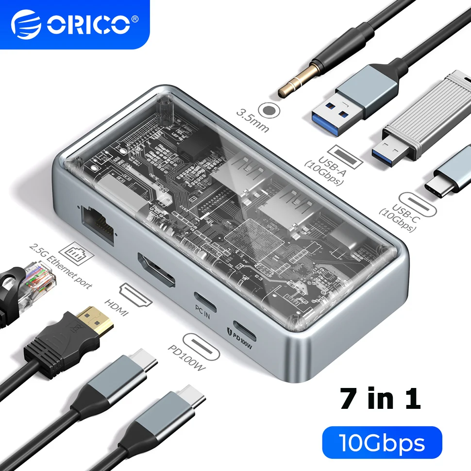 ORICO 10Gbps USB 3.2 Gen2 Docking Station Type C USB A Hub Multi Port Splitter RJ45 HDMI PD 100W USB3 Adapter for MacBook Laptop