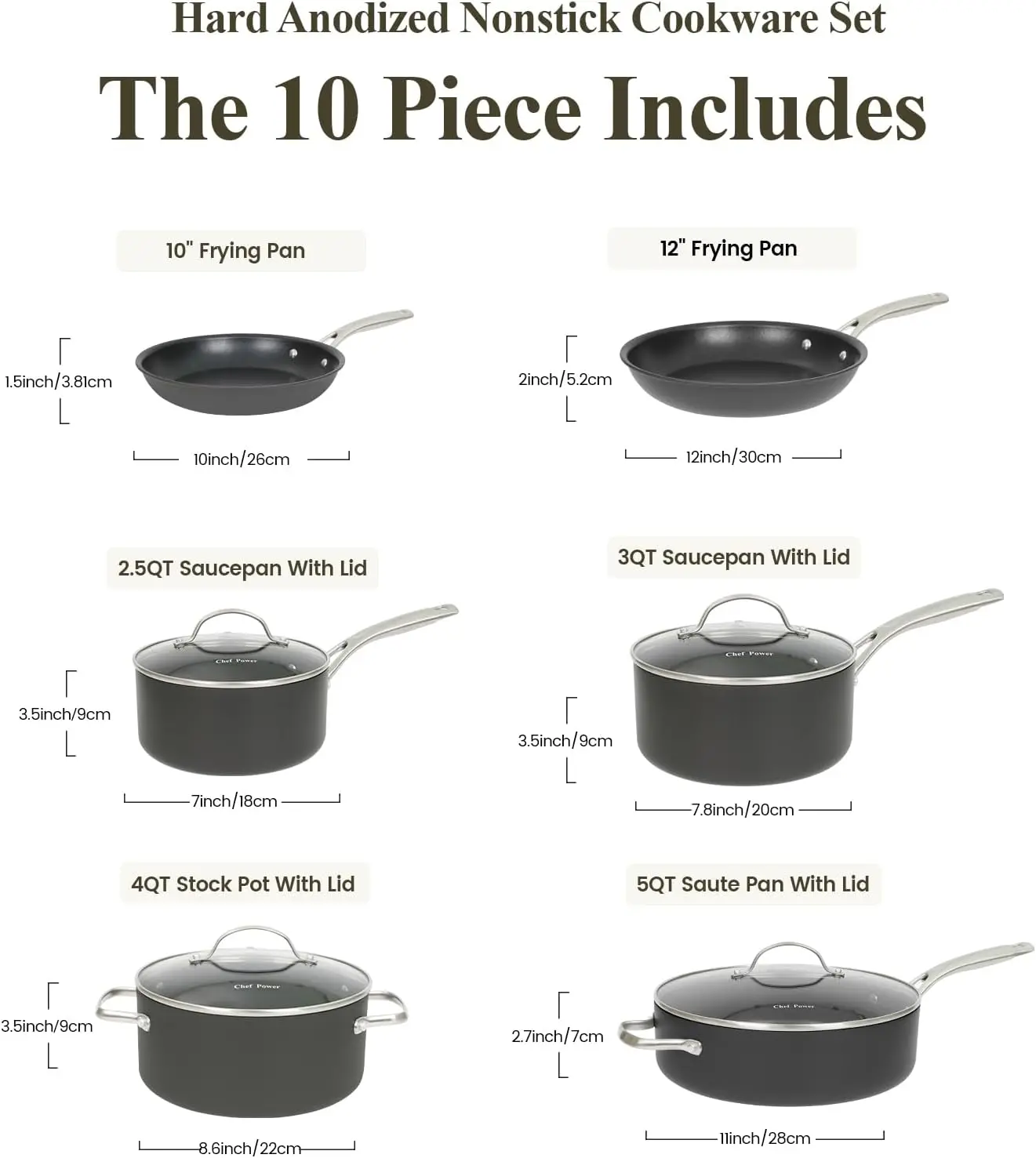 Hard Anodized Nonstick Cookware Sets 10 Piece with Stainless Steel Handle, Pots and Pans Set Non Stick, Kitchen Induction