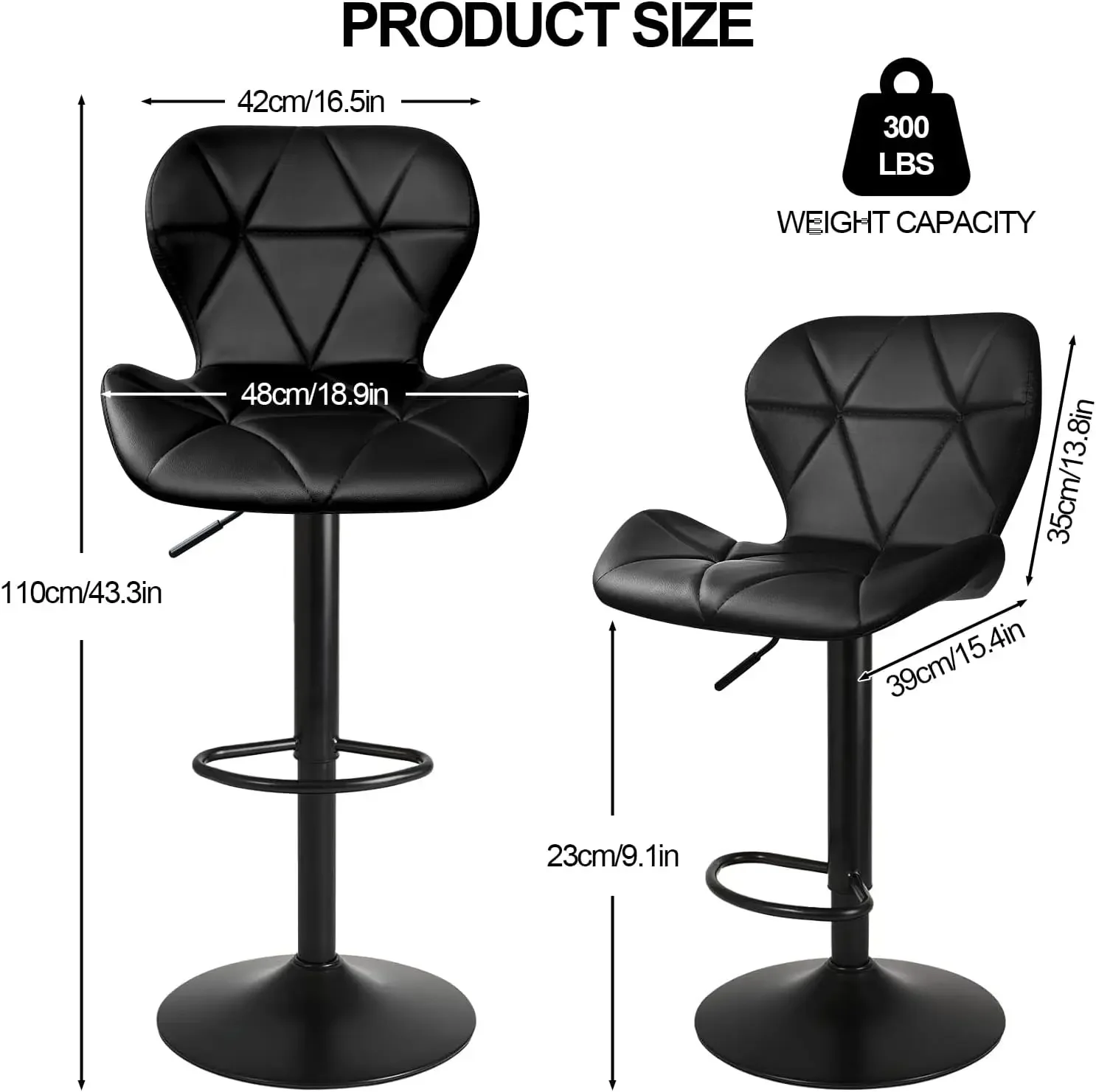 Barhocker-Set mit 2 Stück, schwarze drehbare Barstühle, verstellbare Barhocker in Thekenhöhe mit Rückenlehne, gepolsterter Barstuhl aus PU-Leder für B