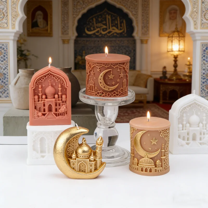3D Moon Castle Ramadan Silicone Molds Mosque/Crescent/Arch Tower Designs Handmade Aromatherapy Tools DIY Scented Pillar Candles