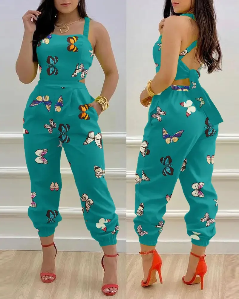 Elegant Women\'s jumpsuit 2024 Summer Fashion Strap Hollow Sexy Off waist Printed jumpsuit