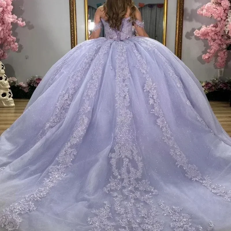 Customized Light Lavender Tulle Ball Gown Quinceanera Dress Beaded Crystal Vestidos De 15 Quinceañeras Wedding Guest Dress