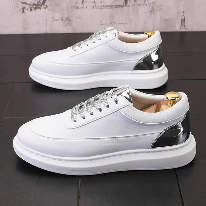 Korean design men\'s casual white shoes natural leather shoe breathable lace-up platform sneakers young streetwear zapatos hombre