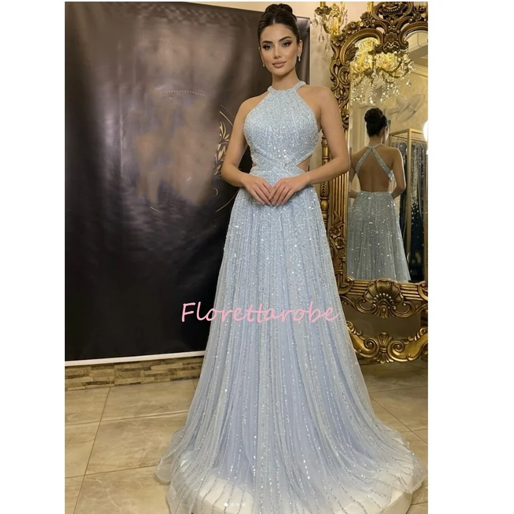 Stunning Beadeds Prom Gowns Halter Neck Sleeveless A Line Luxury Evening Dresses Birthday Party Customized Party Dress