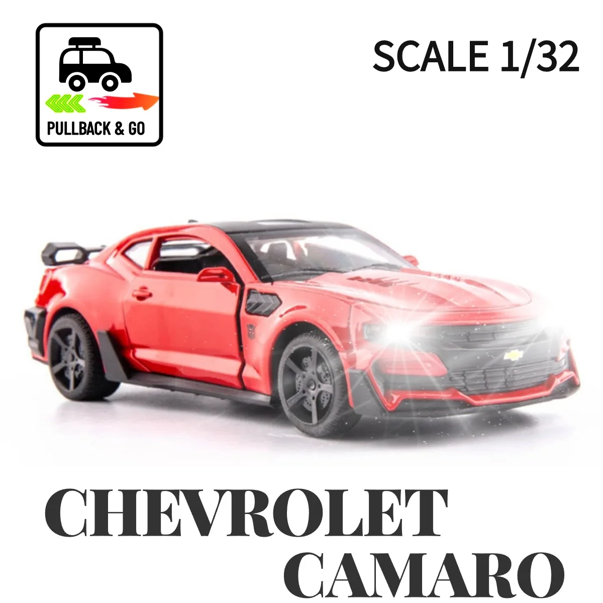 

Scale 1:32 Chevrolet Camaro Pullback Car Toy with Lights Engine Sound, Metal Diecast BMW Dodge Car Model Gift Kid Boy Toy