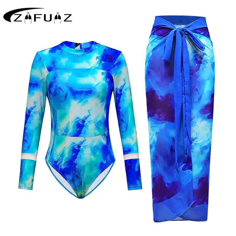 ZAFUAZ Women Long Sleeves Print One Piece Swimsuit and Skirt Rashguard Beachwear Monokini Two piece Bathing Suit Bodysuit