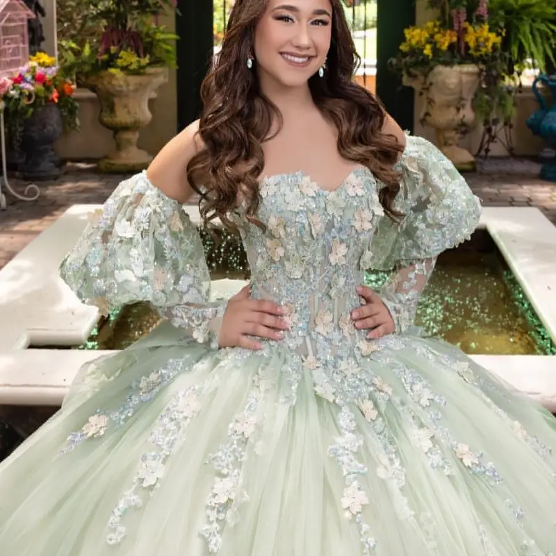 EVLAST Sage Green Quinceanera Платье Бальное платье с 3D цветочной аппликацией и бантом из бисера с пышными рукавами Sweet 16 Vestidos De XV 15 Anos SQ15