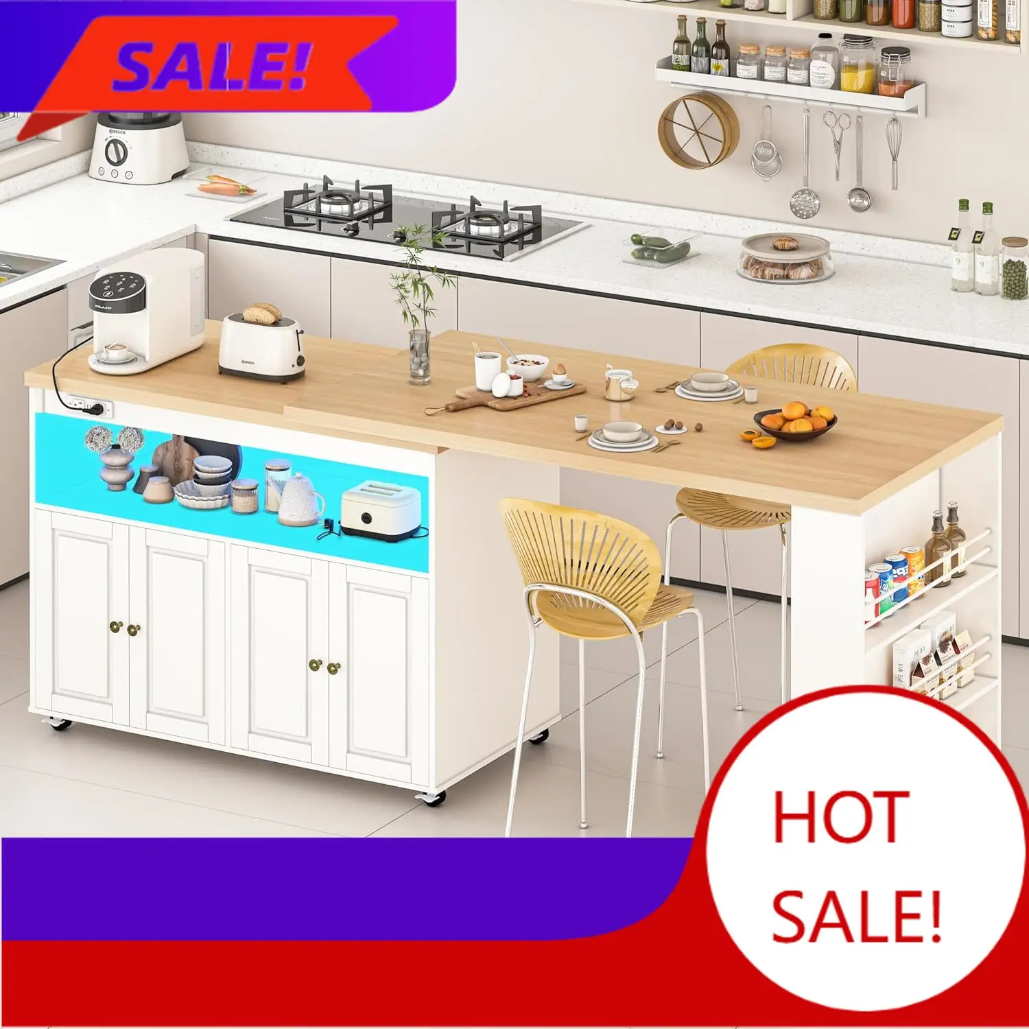 

Кухонный остров на колесиках 84 дюйма с поворотным столом, кухонная тележка со светодиодной подсветкой, розеткой, передвижным шкафом для хранения и боковой секцией.