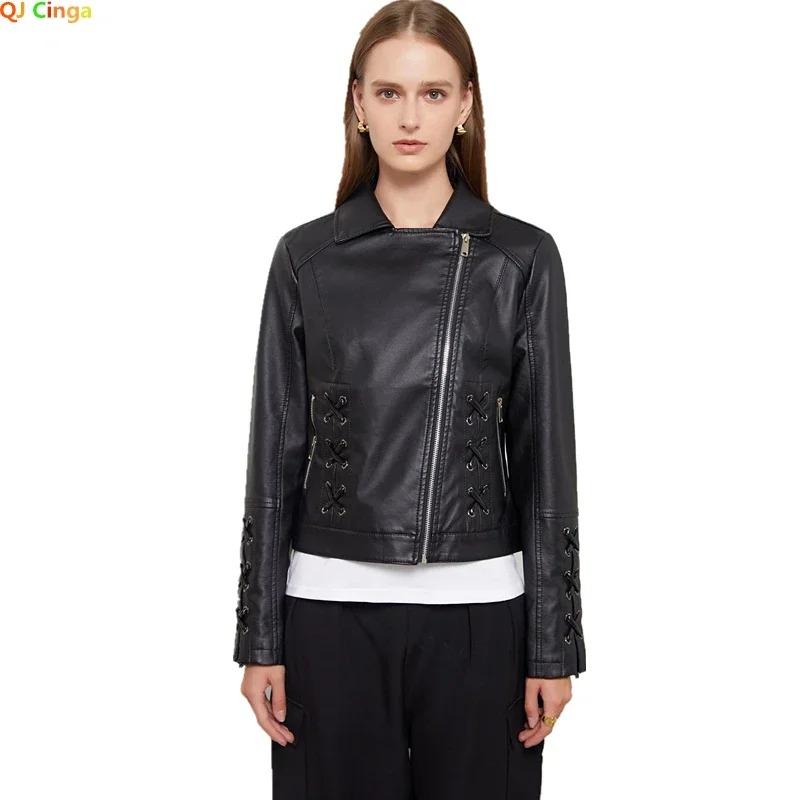 2024 New Fashion Weaving Leather Jacket Femail Strapped Jacket Women Europe and The United States Popular Casual PU Jacket S-4XL