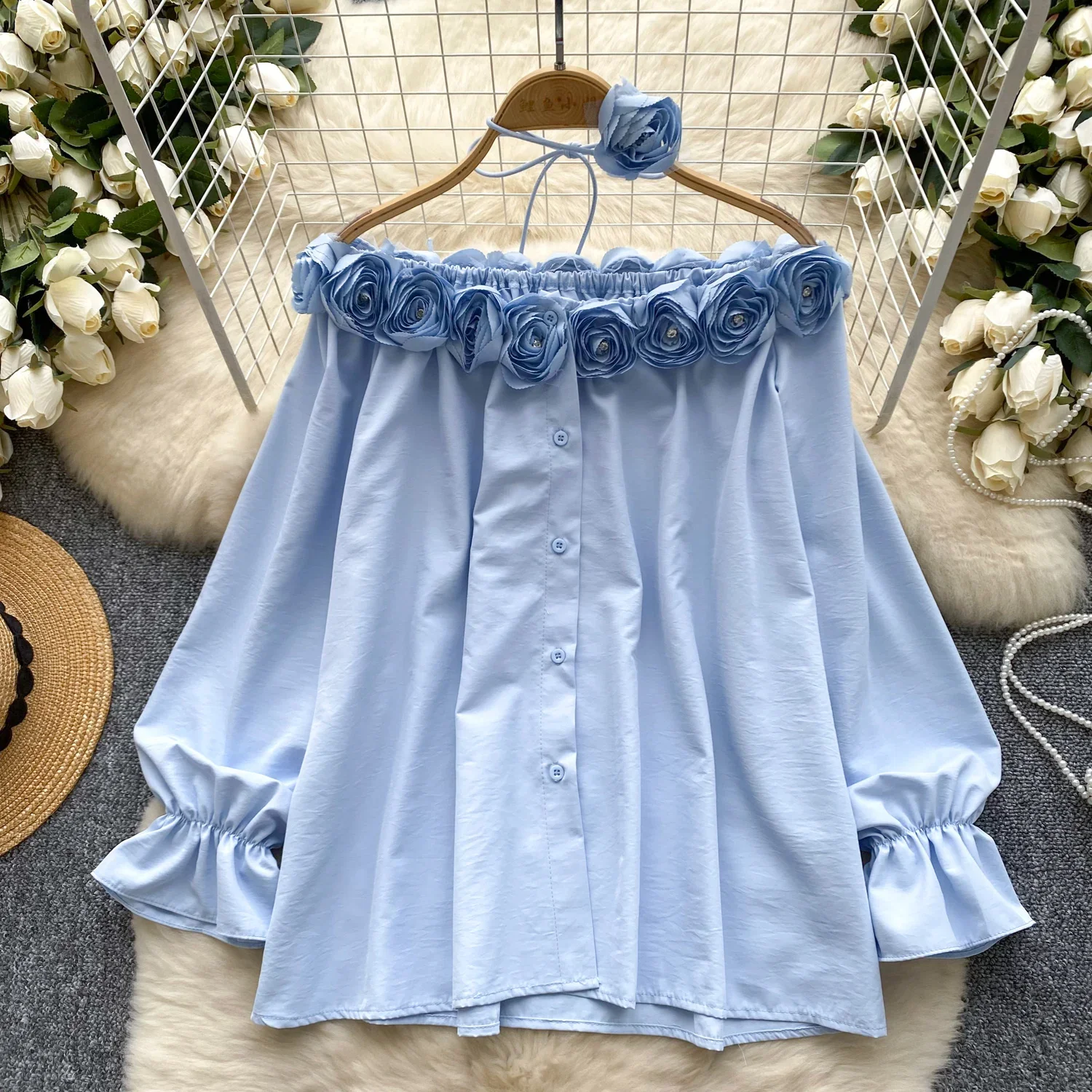 Women Three-dimensional Flower Loose Tank Top Slim Basic Sexy Fashion Slash Neck Puff Long Sleeve Crop Top Autumn Women Blouse